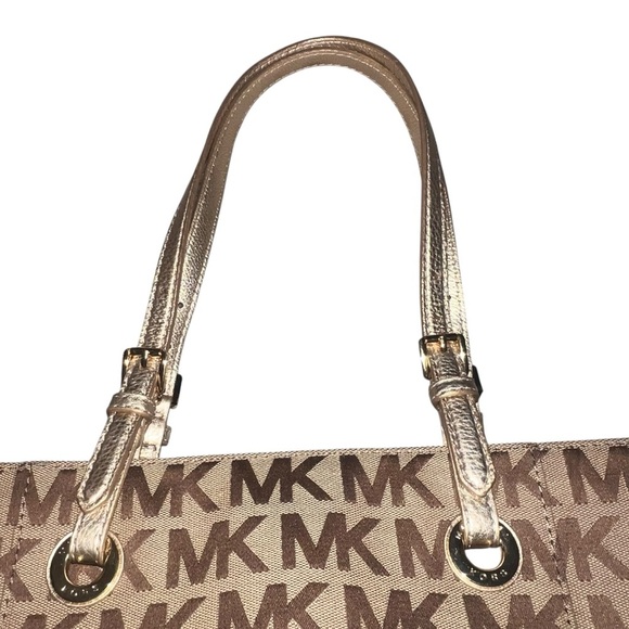 EUC Michael Kors Tan Brown Monogram Canvas Tote Handbag Gold Metallic Leather - Picture 2 of 12